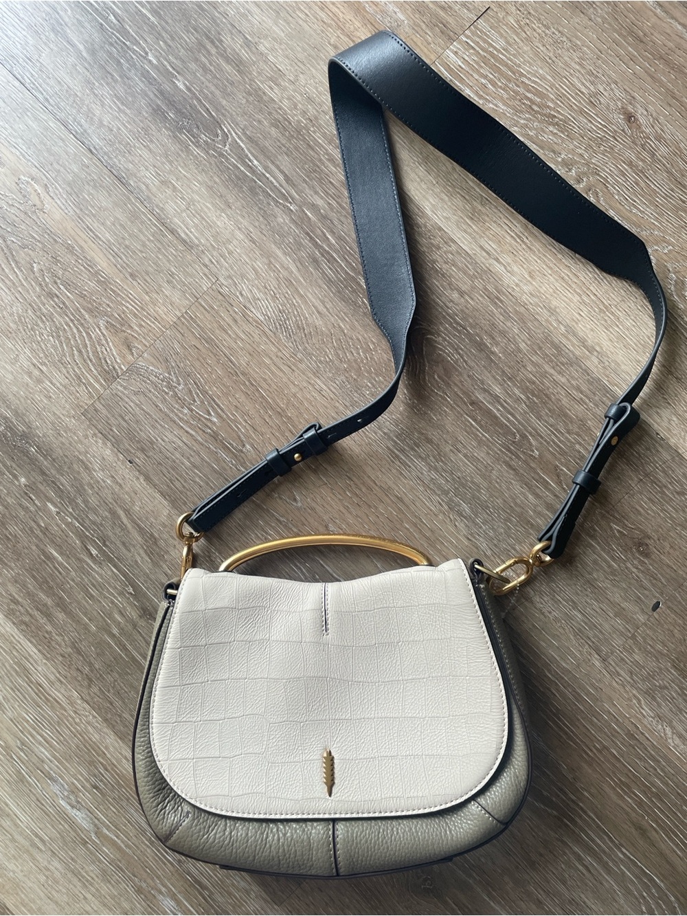 Thacker Leather Two-Tone Crossbody Bag in Cream and Metallic Taupe